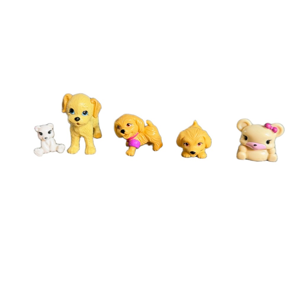 Barbie Animal Figure Lot 5pc Yellow Puppies White Polar Bear Cream Bear with Bow